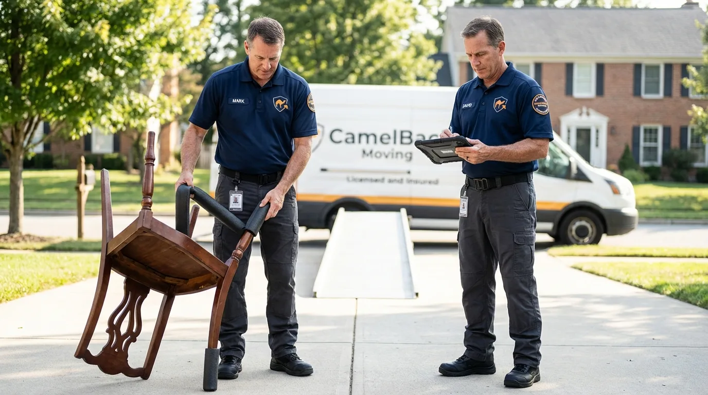 Movers inspecting furniture for damage prevention before loading in Delevan, NY