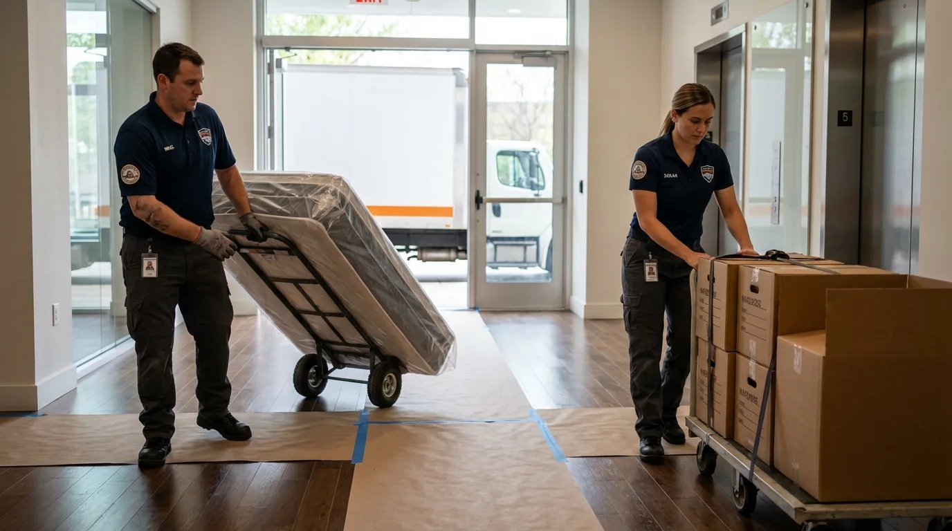 Professional apartment movers loading elevator in Delevan, NY