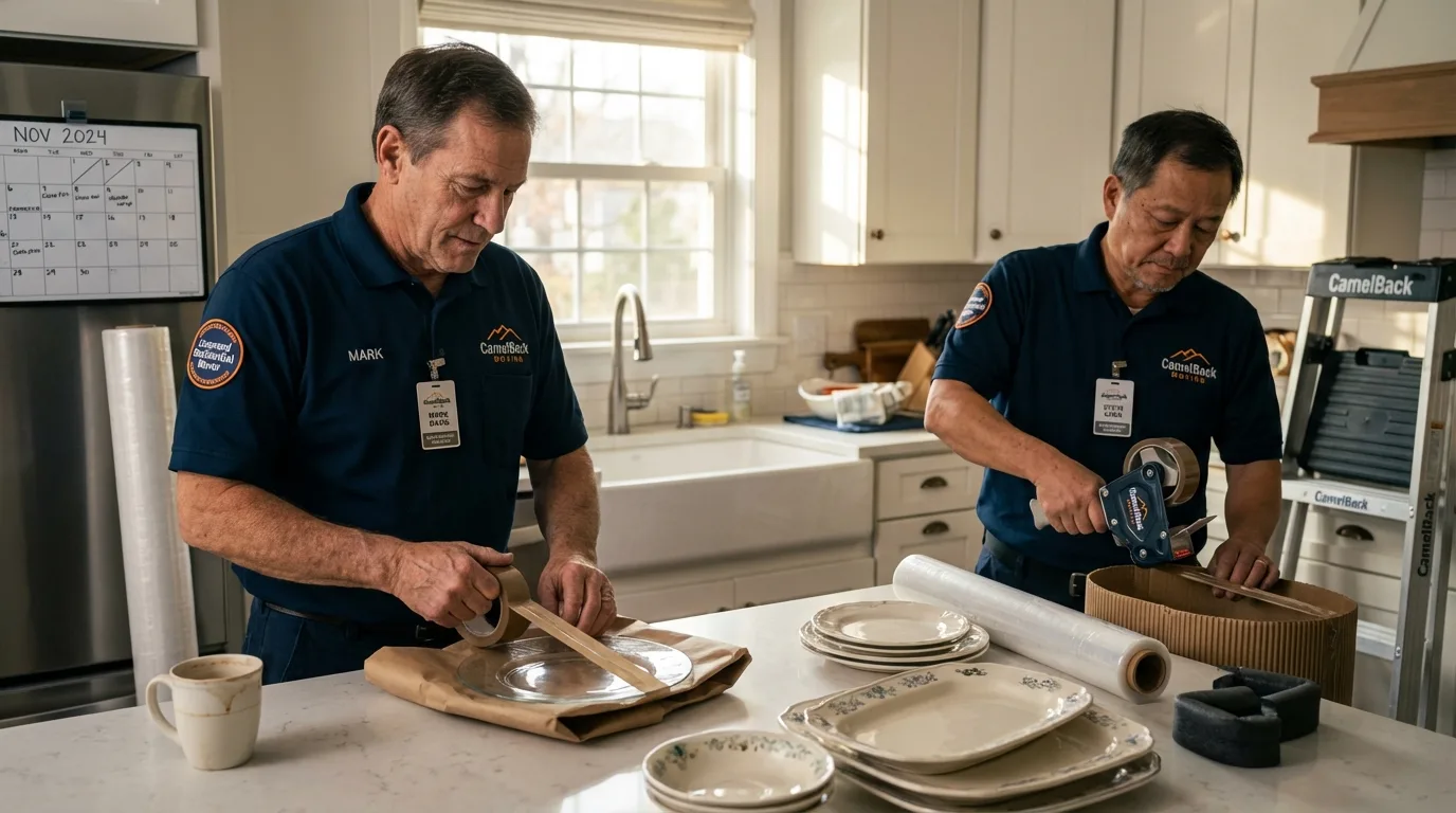 Professional crew packing kitchen dishware in Delevan, NY